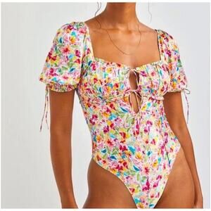 For Love and Lemons Watercolor Exclusive Floral Bow Cut Out Bodysuit NWT Size XS